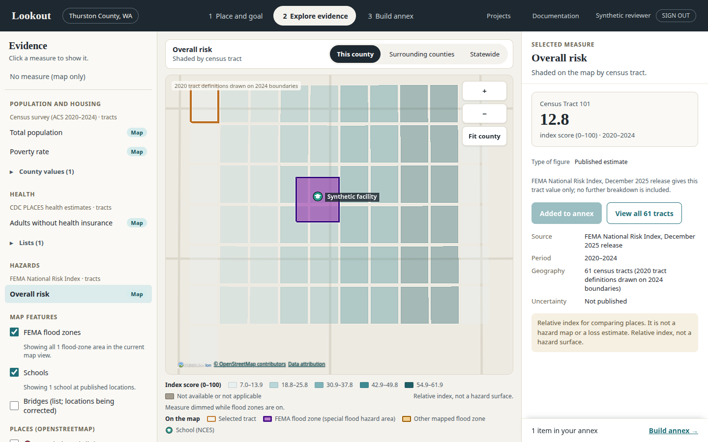 Synthetic Thurston exploration showing the tract map, measure catalog and evidence details.